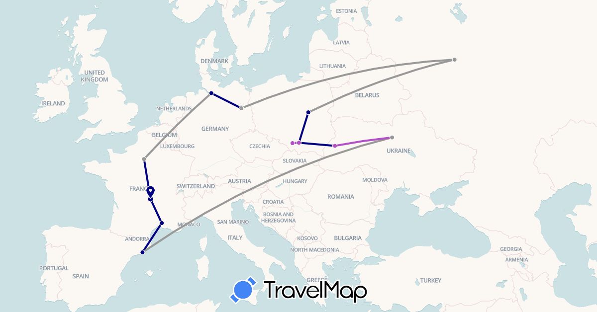 TravelMap itinerary: driving, plane, train in Germany, Spain, France, Poland, Russia, Ukraine (Europe)