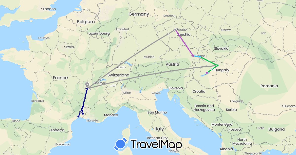 TravelMap itinerary: driving, bus, plane, train, boat in Austria, Czech Republic, France, Hungary, Slovakia (Europe)